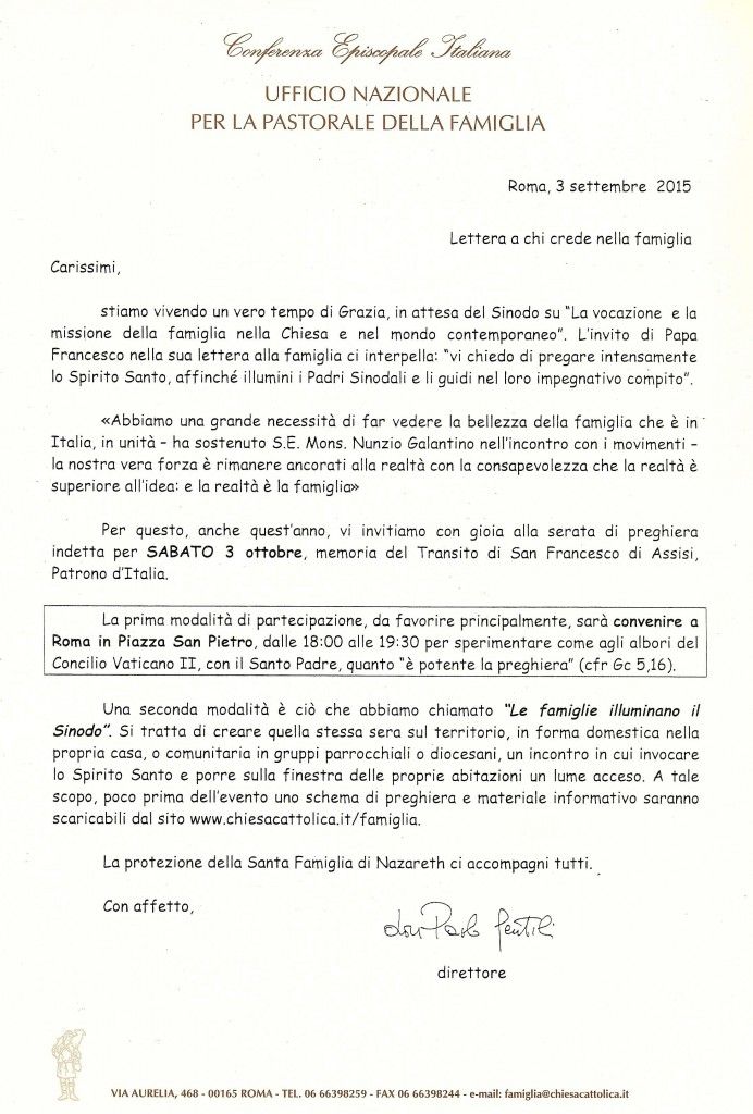 lettera veglia 3 ottobre 2015